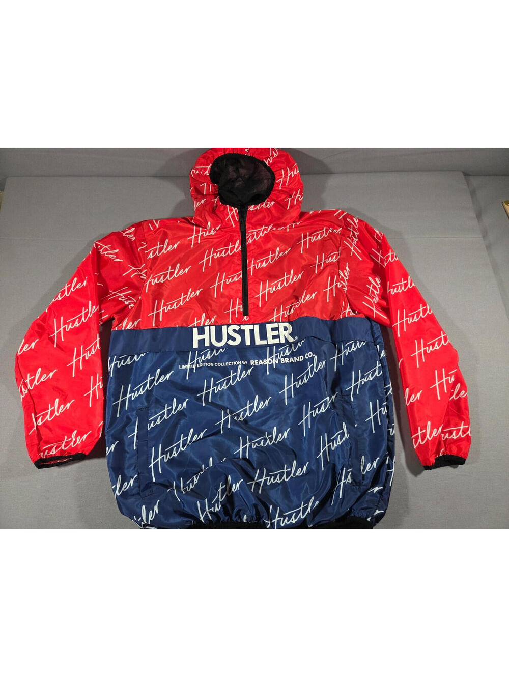 Reason Hustler Windbreaker Jacket Mens XL Red Blue Hooded Full Zip